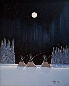 Aboriginal Artist Josh Kolay - Teepees in Winter Night